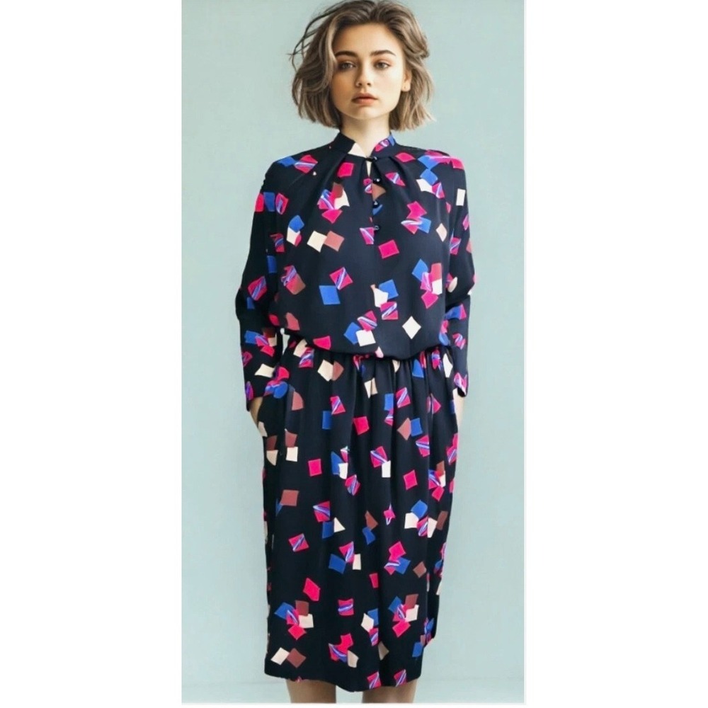 80s Midi Dress Size Medium Gerard Pasquier Print Black Long Sleeve Knit VGUC